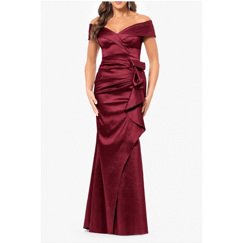 Xscape Evenings Off the Shoulder Taffeta Evening Gown flattering ruching 14 NWT